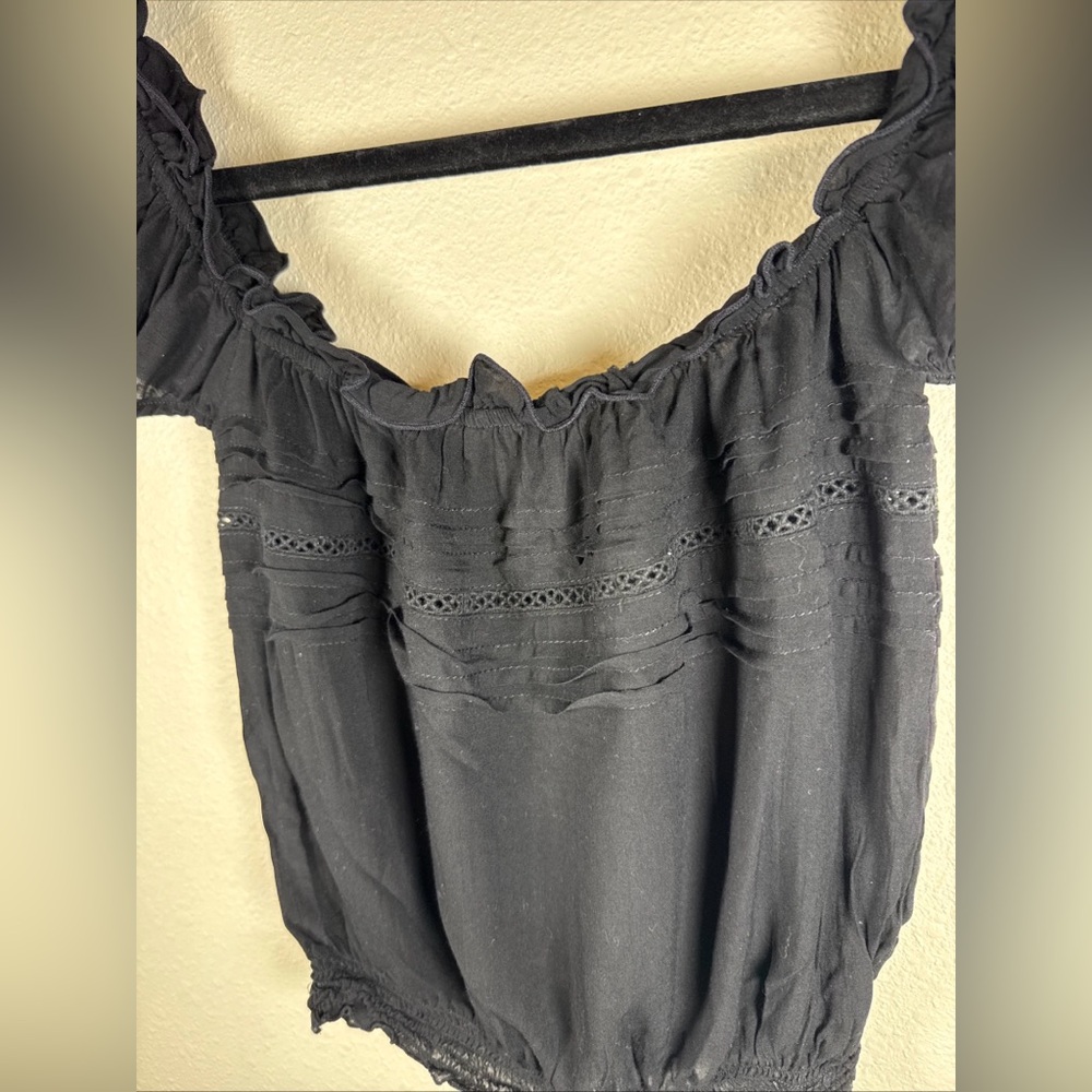 Auguste Black Peasant Crop Top 4 Boho Cottage Ruffle Off Shoulder Festival - Picture 2 of 6